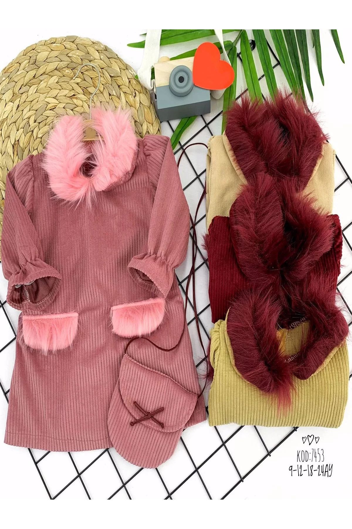 onlinebutik Tüylü Yaka Ve Cep Kapaklı Çantalı Fitilli Kadife Uzun Kollu 2li Kız Bebek Elbisesi Pembe