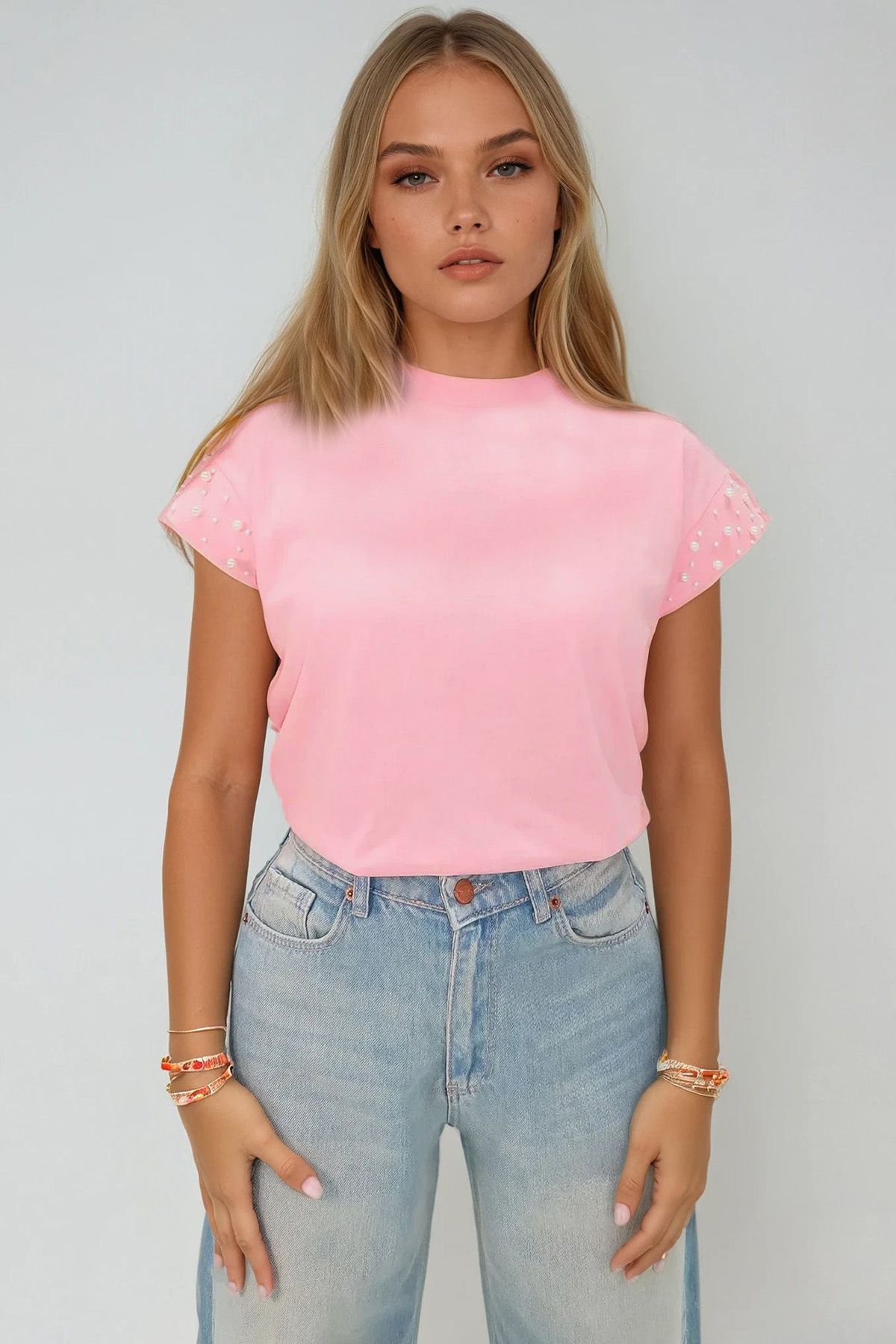 Trend Alaçatı Stili-Women's Pink Crew Neck Pearl Studded Sleeveless Blouse Alc-X13522 3