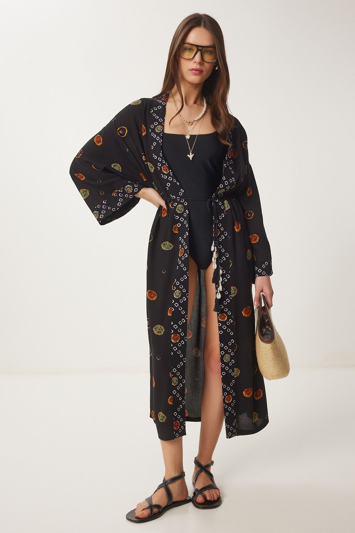 Happiness İstanbul Kadın Siyah Desenli Viskon Kimono UB00377