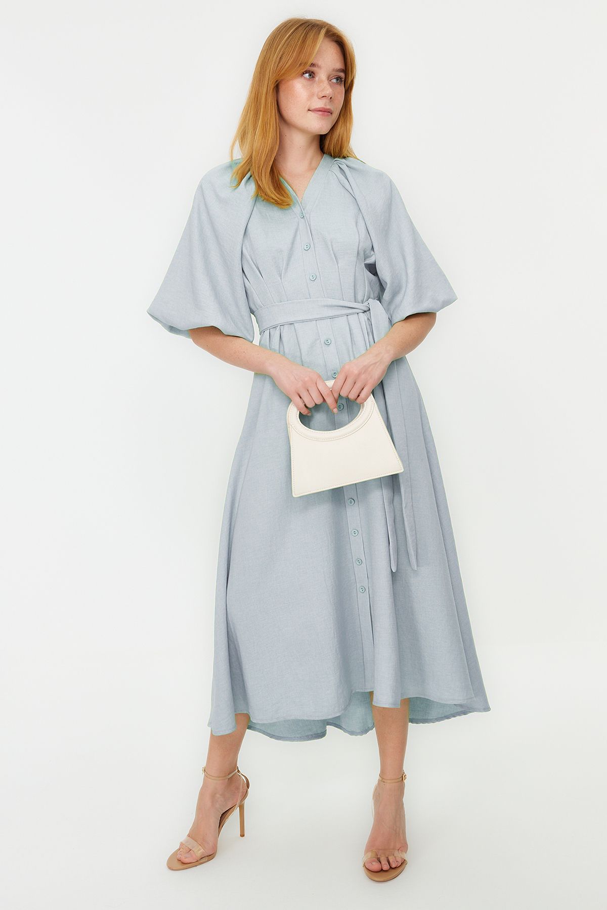 Trendyol Modest Modré tkané košeľové šaty s polovičným balónikovým rukávom TCTSS24EB00014