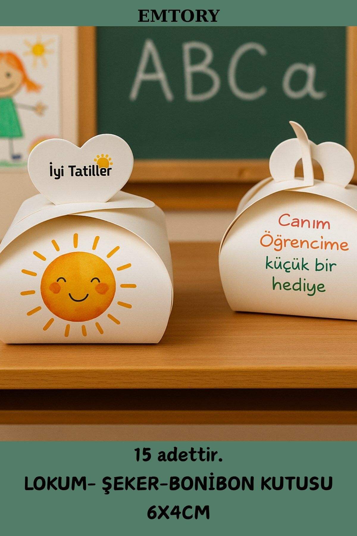 Emtory Home 15 Adet Okul Tatili Kalpli Kutu - Bonibon Kutusu - Çikolata Kutusu - Öğrenci Hediye - Okul Hediye