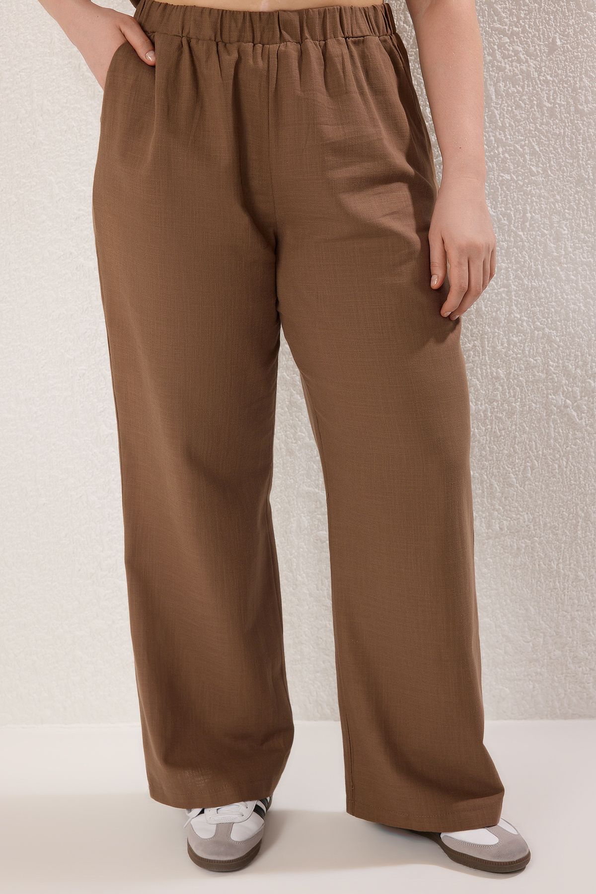Trendyol Curve-Brown Wide Leg Linen Look Front Drawstring Bottom Top Set Tbbss25Cp00026 3