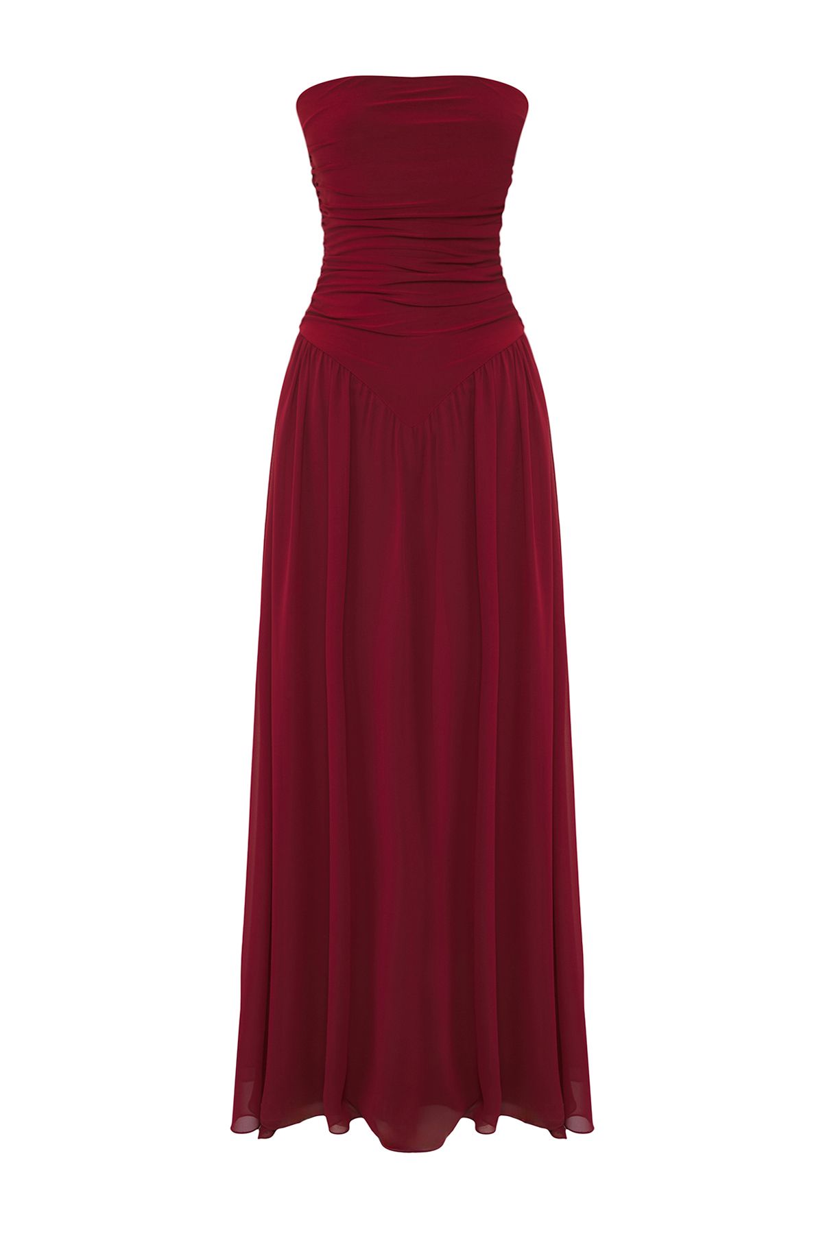 Trendyol Collection-Dunkelkirschfarbenes, drapiertes, gewebtes Chiffon-Langflug-Abendkleid mit A-Linie und schickem Abschlussballkleid TPRSS25AE00151 5