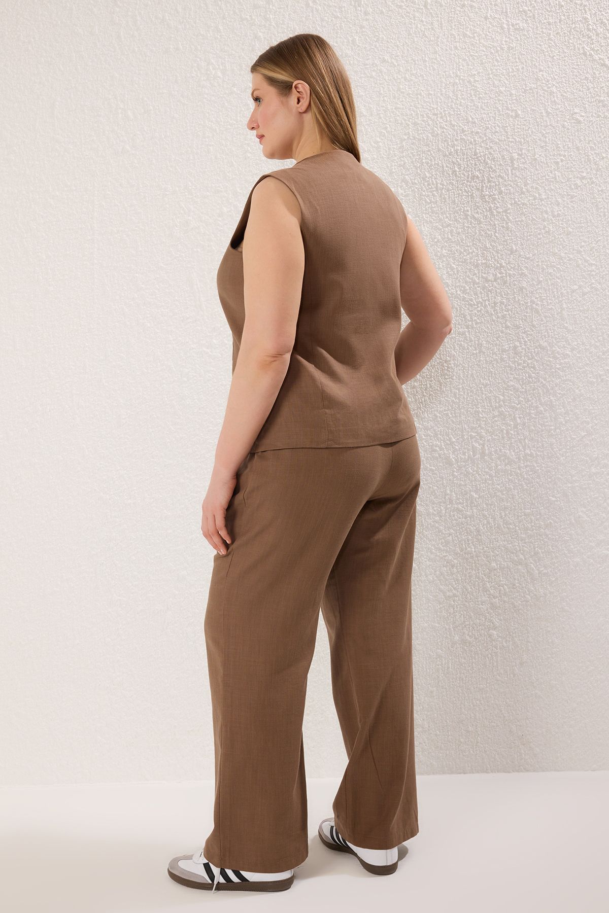 Trendyol Curve-Brown Wide Leg Linen Look Front Drawstring Bottom Top Set Tbbss25Cp00026 4
