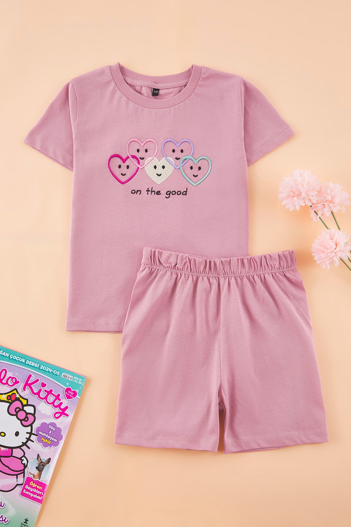 TRENDYOLKIDS Dusty Rose Girl 100% Bawełny Haftowane Serce Krótki Rękaw Dzianinowy Zestaw Góra-dół Kobieta - 8–9 years