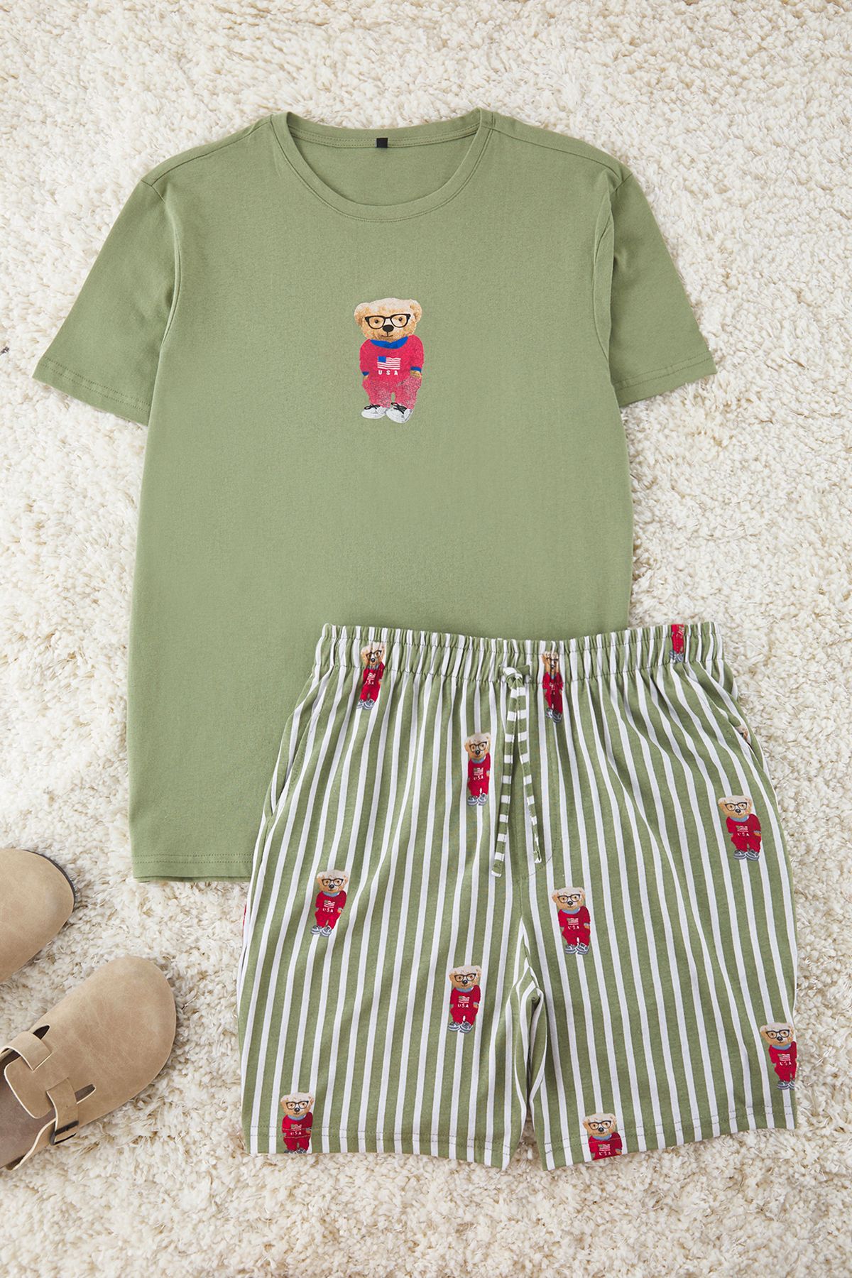 Trendyol Collection Regular Fit Khaki Pajama Set - Drukowane Dzianinowe Szorty Mężczyzna - S