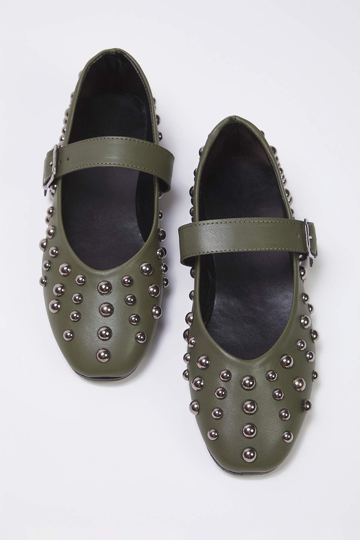 TRENDYOL SHOES Khaki Troc Haftowane Baleriny Damskie Z Paskiem W Kształcie Migdała Kobieta - 37