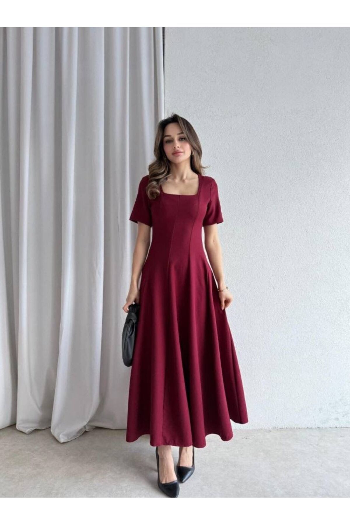 mafdress Kadın Bordo Krep Kumaş Kısa Kol Abiye Mezuniyet Elbisesi