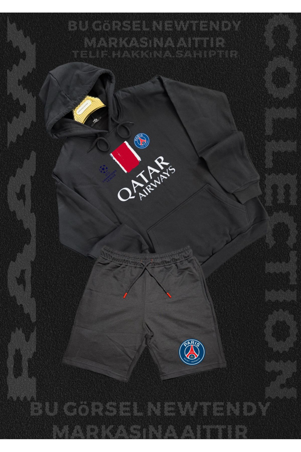 Minikelya Paris Sweatshirt Şort Takım Erkek Kapüşonlu Üst Gri siyah Alt Spor Taraftar 2 iplik Kombin