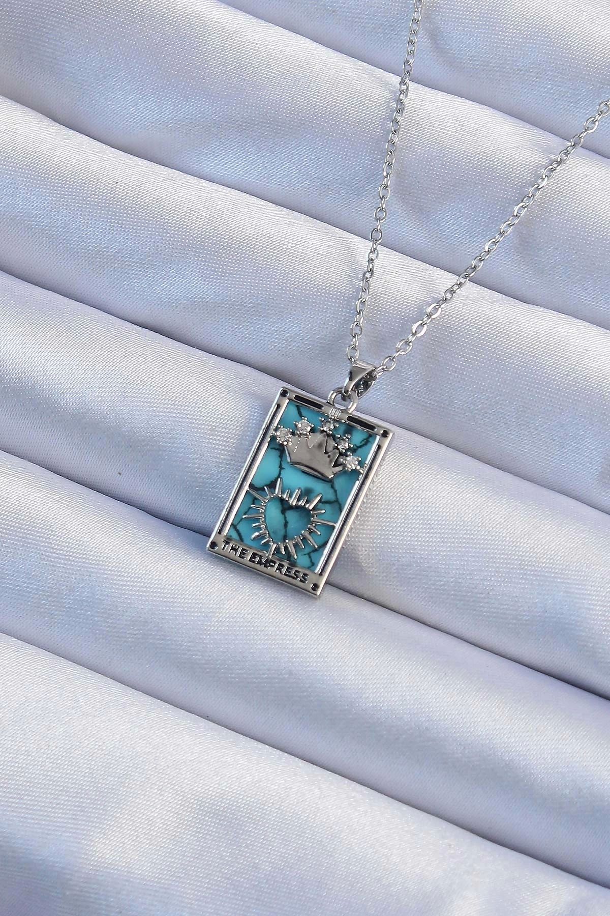 Clariss 316L Çelik Zincir Gümüş Renk Zirkon Taşlı Mavi Mermer Desenli Taç Model Tarot Kolye