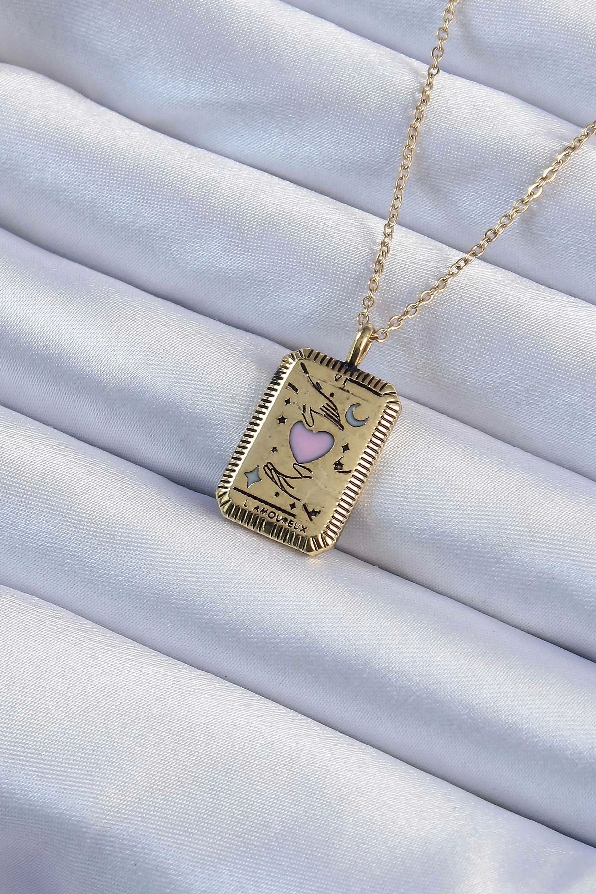 Clariss 316L Çelik Zincir Eskitme Altın Renk Pembe Mineli Kalp Figürlü Tarot Kolye