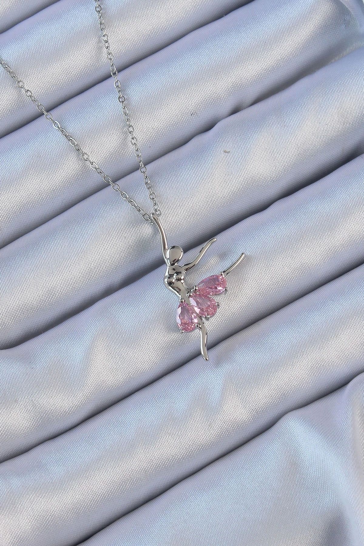 Clariss 316L Çelik Zincir Gümüş Renk Pembe Zirkon Taşlı Balerin Kolye