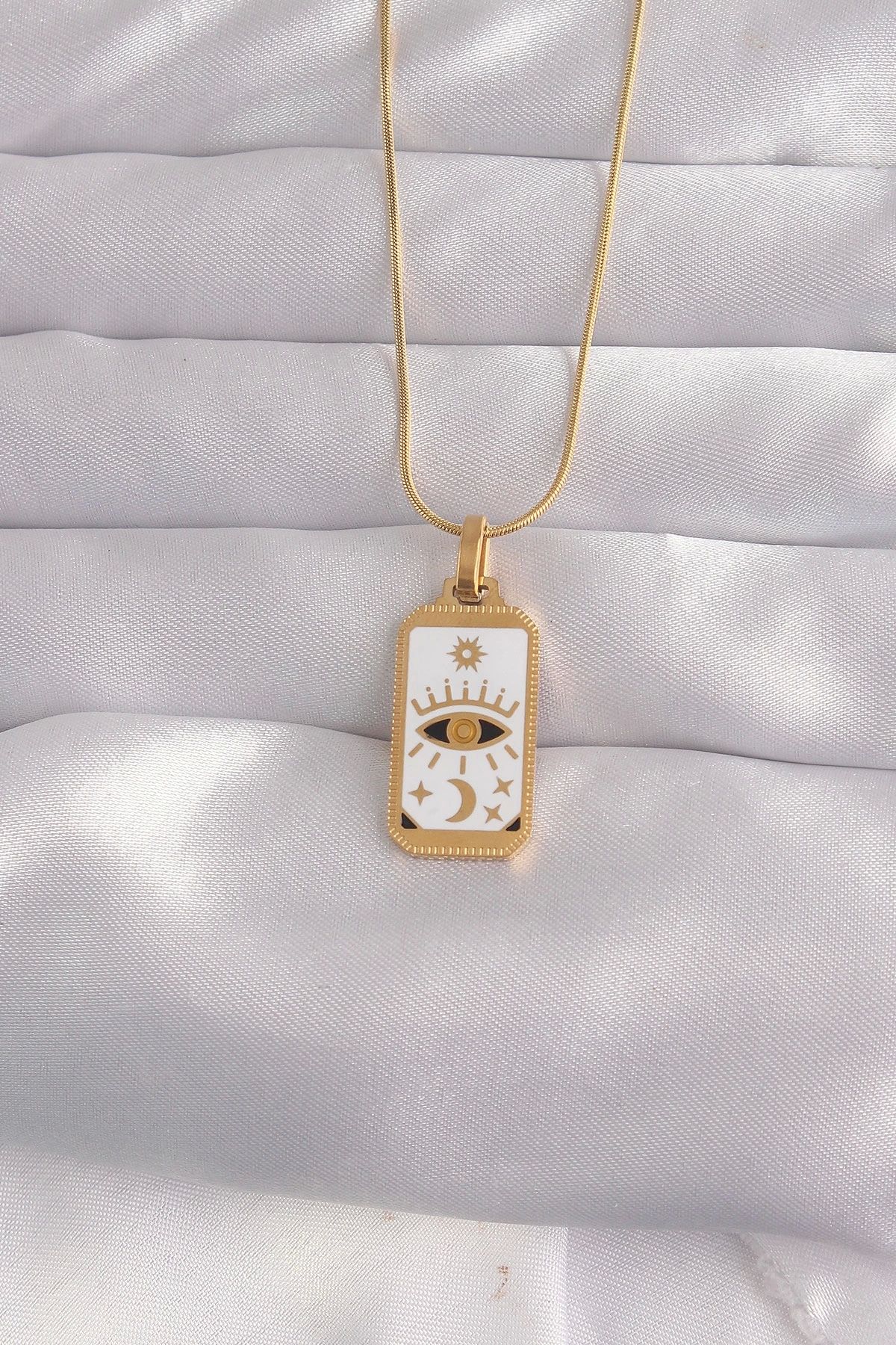 Clariss 316L Çelik Gold Renk Beyaz Mineli Göz Figür Tarot Kolye
