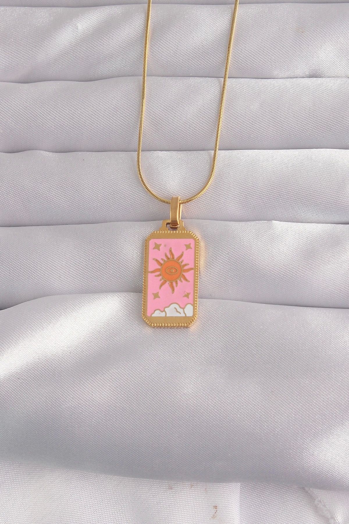 Clariss 316L Çelik Gold Renk Pembe Mineli Güneş Model Tarot Kolye