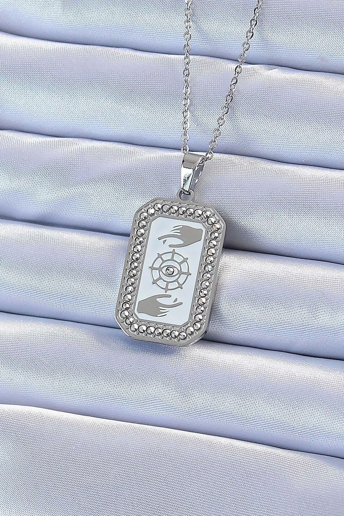 Clariss 316L Çelik Zincir Gümüş Renk Mineli Zirkon Taşlı Göz Figür Tarot Kolye