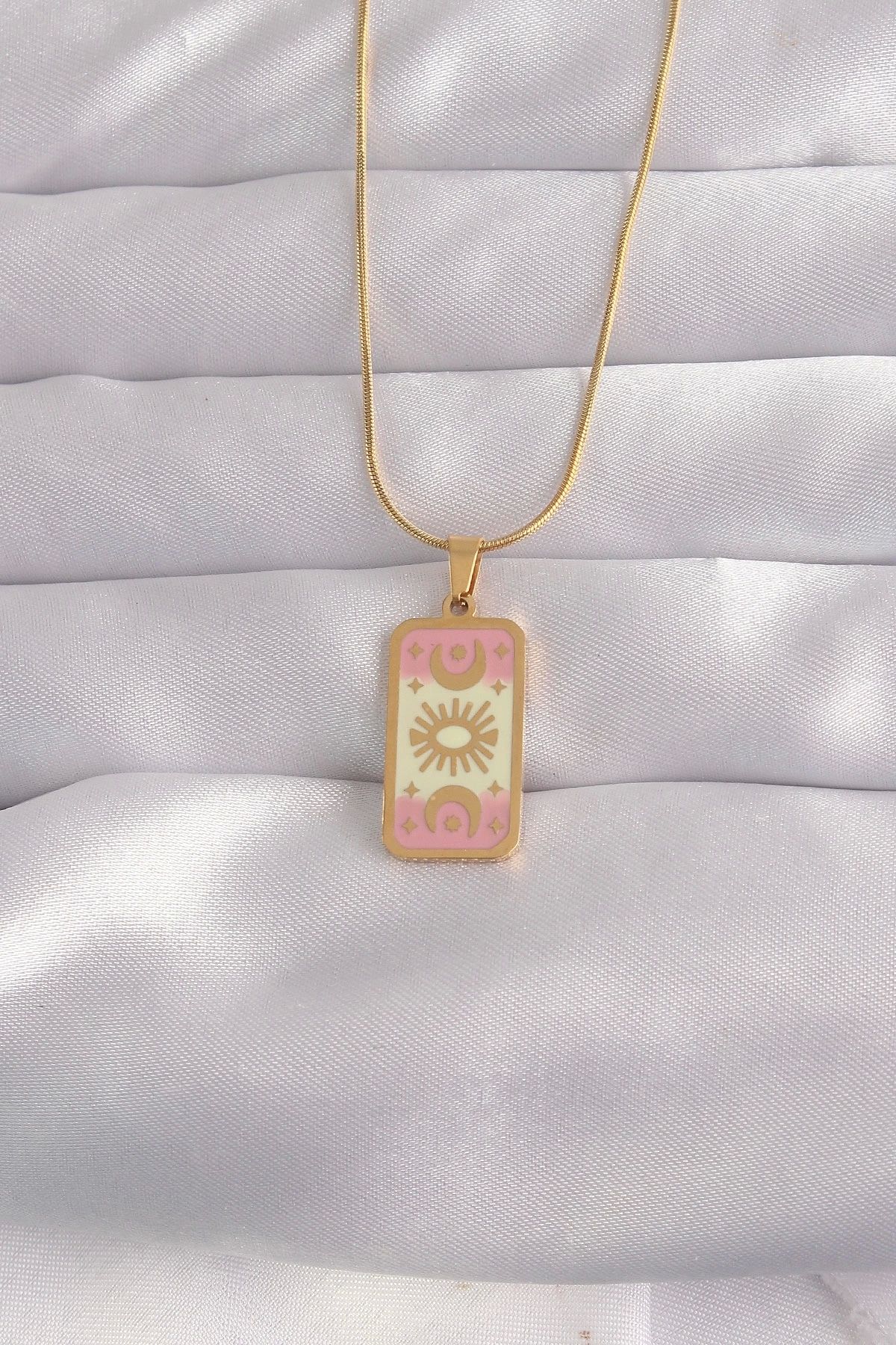 Clariss 316L Çelik Gold Renk Karışık Mineli Ay Figür Tarot Kolye