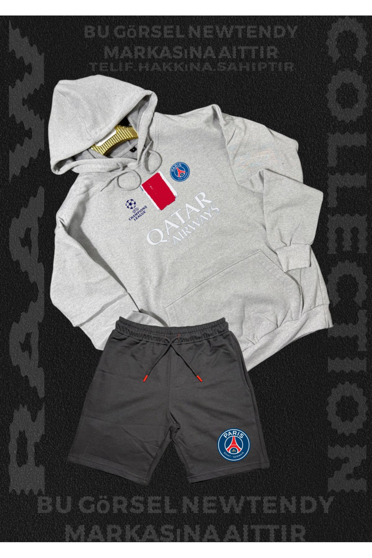 Minikelya Paris Sweatshirt Şort Takım Erkek Kapüşonlu Üst Gri siyah Alt Spor Taraftar 2 iplik Kombin