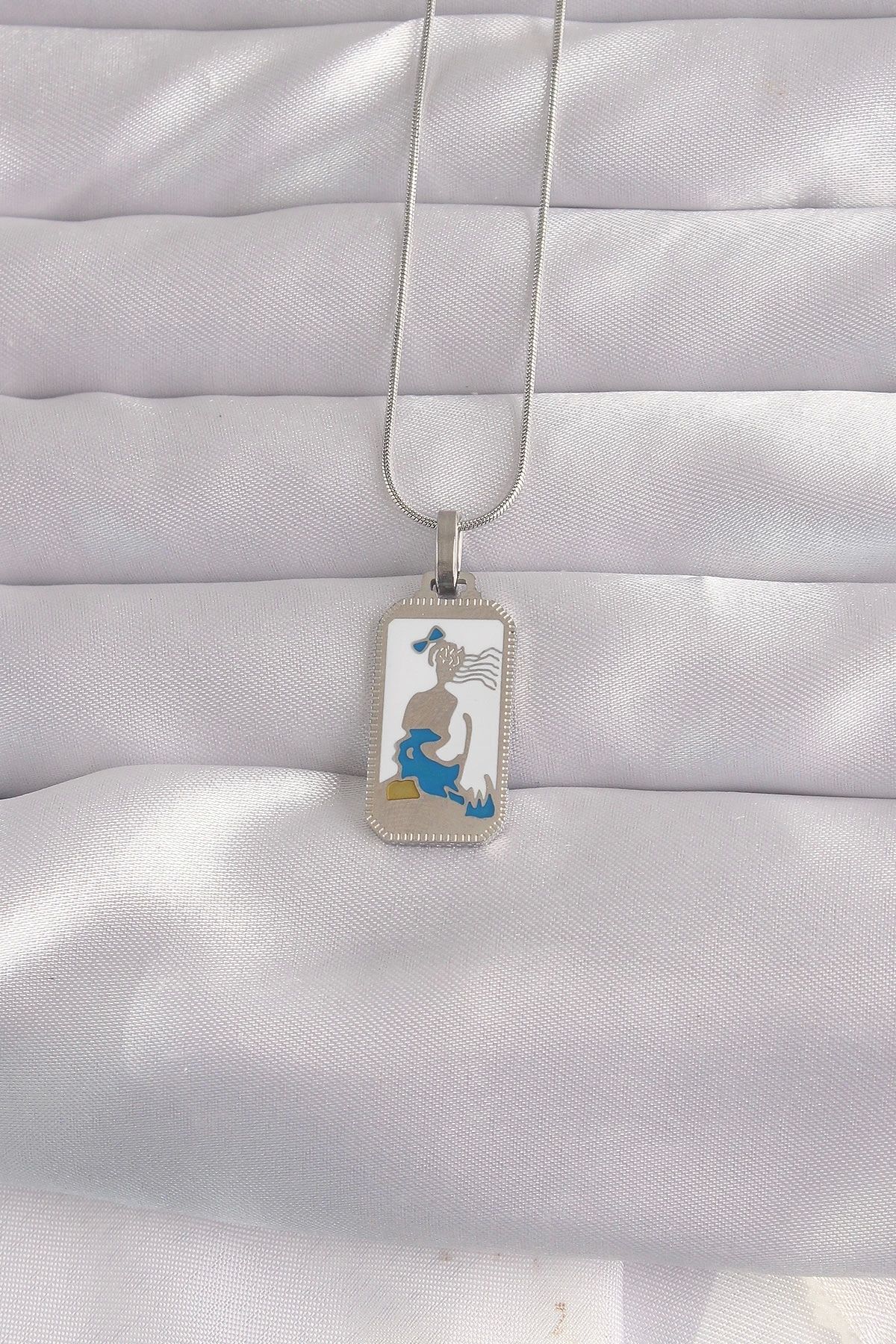 Clariss 316L Çelik Gümüş Renk Beyaz Mineli Kız Figür Tarot Kolye