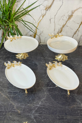 MAY HOME 4 Parça Pırlanta Kelebek Porselen Sofra Sunum Seti & Kayık Kase Taba...