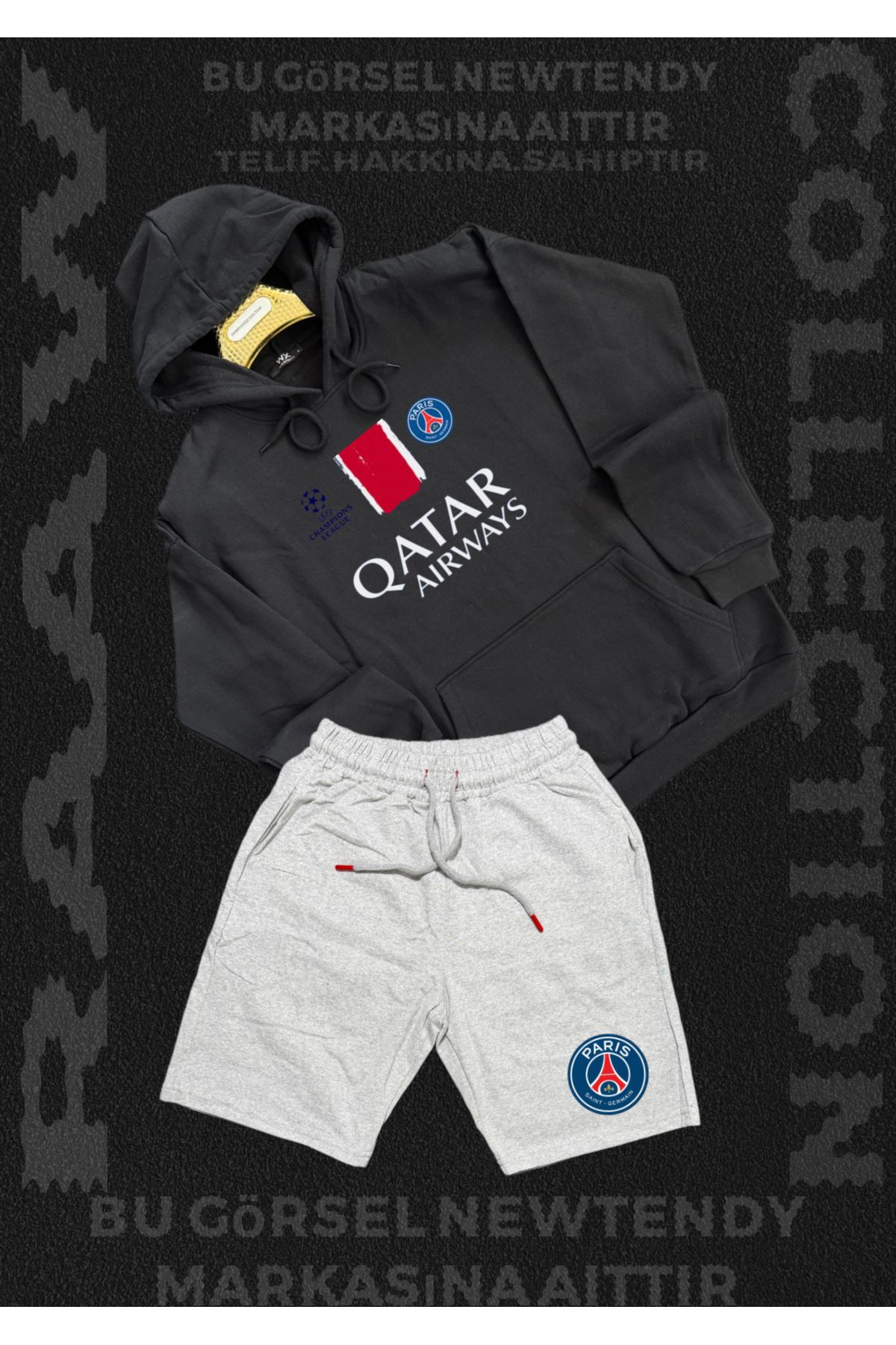 Minikelya Paris Sweatshirt Şort Takım Erkek Kapüşonlu Üst Gri siyah Alt Spor Taraftar 2 iplik Kombin