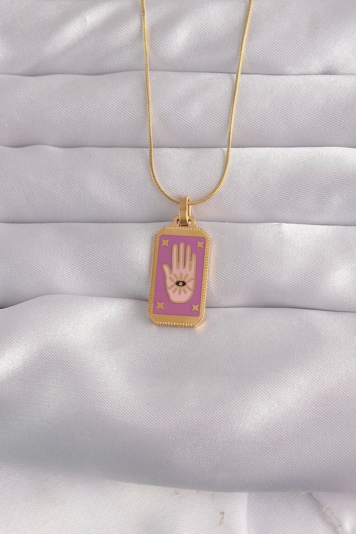 Clariss 316L Çelik Gold Renk Mor Mineli El Figür Tarot Kolye