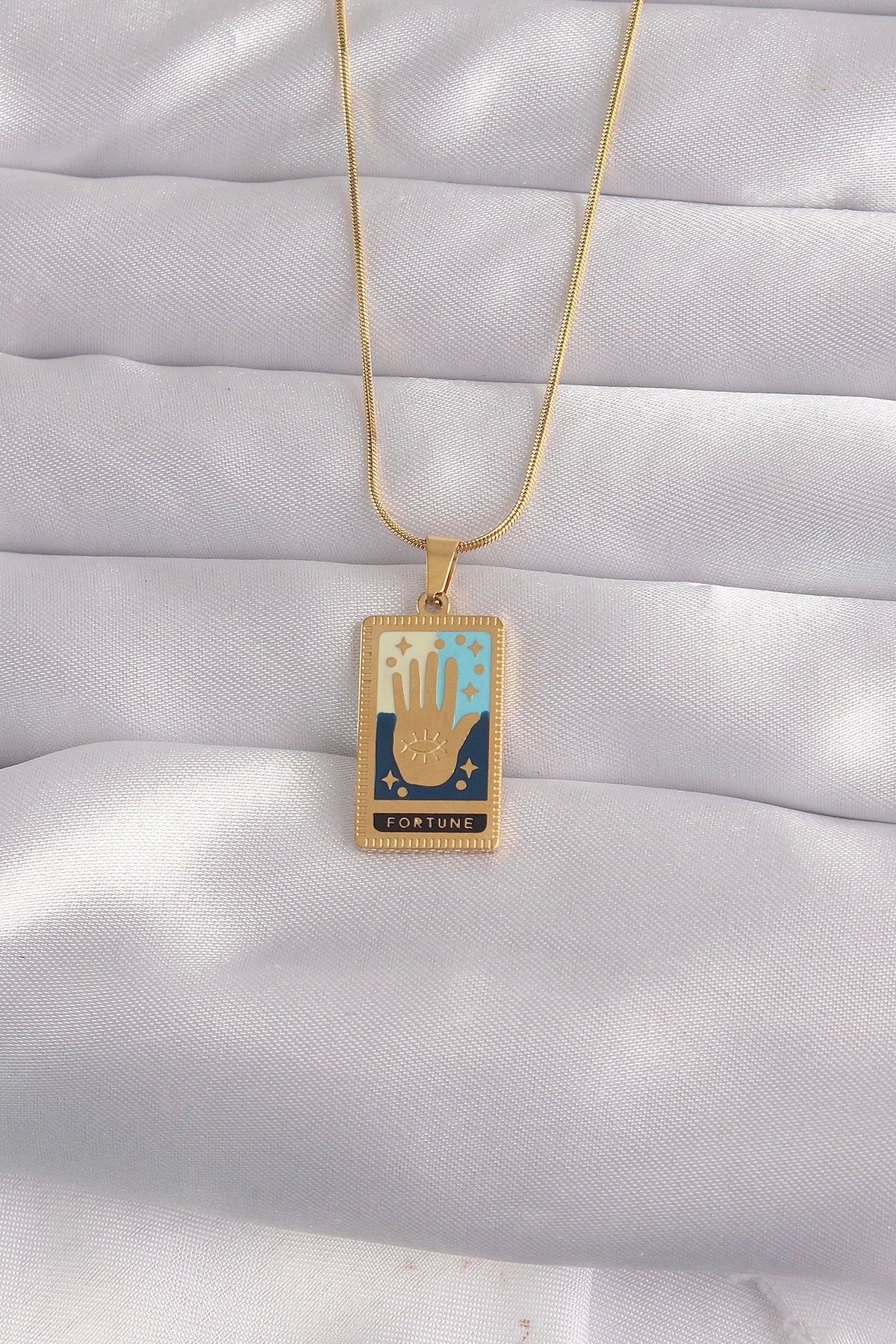 Clariss 316L Çelik Gold Renk Karışık Mineli El Figür Tarot Kolye
