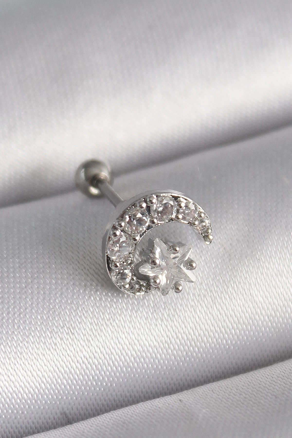 Clariss 316L Çelik Gümüş Renk Zirkon Taşlı Ay Yıldız Tragus Piercing