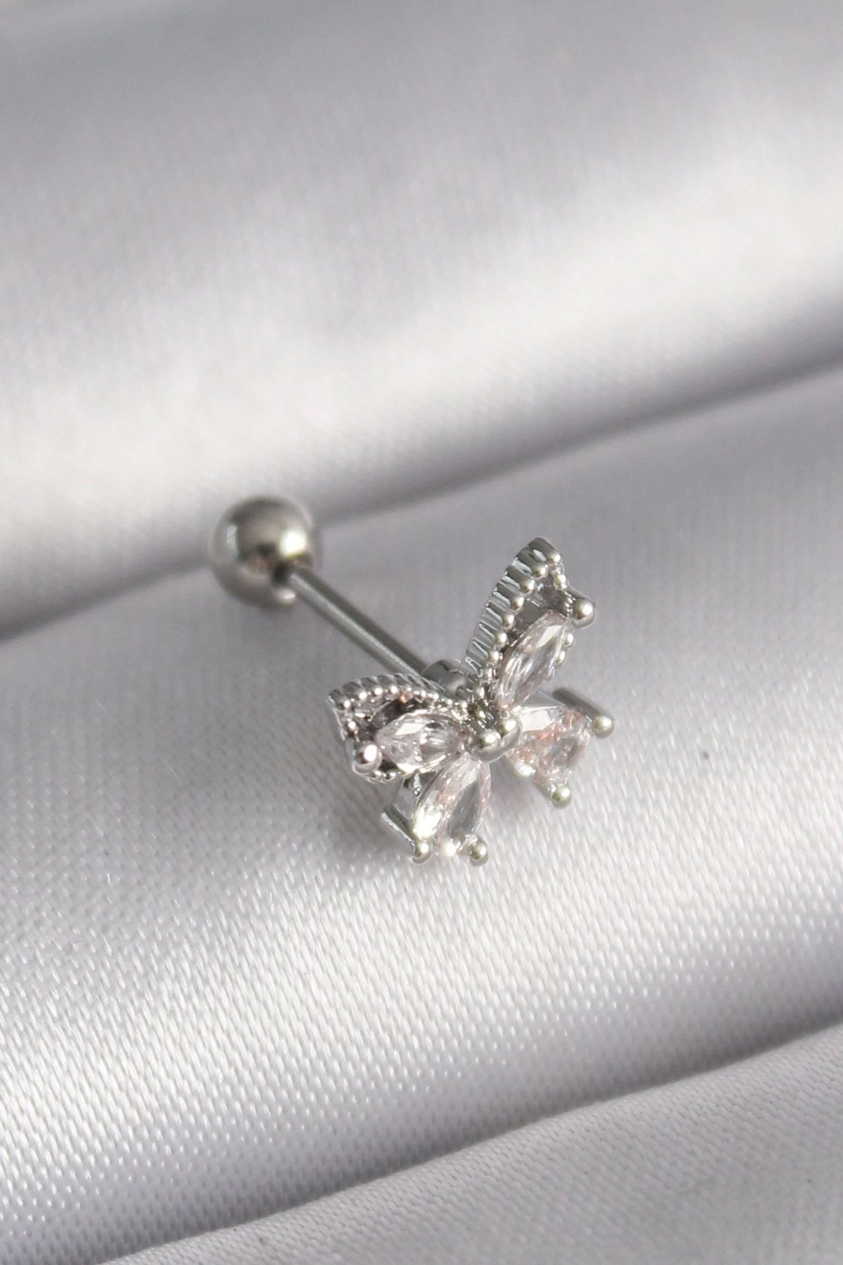Clariss 316L Çelik Gümüş Renk Zirkon Taşlı Kelebek Tragus Piercing