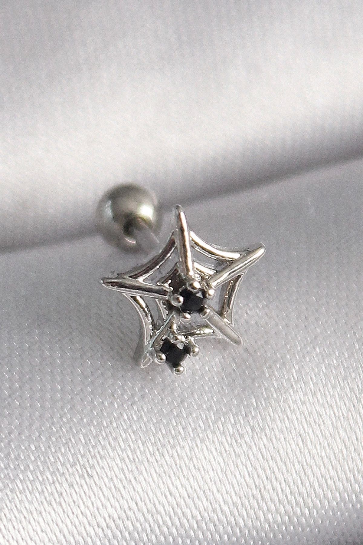 Clariss 316L Çelik Gümüş Renk Siyah Zirkon Taş Detay Örümcek Ağ Model Tragus Piercing