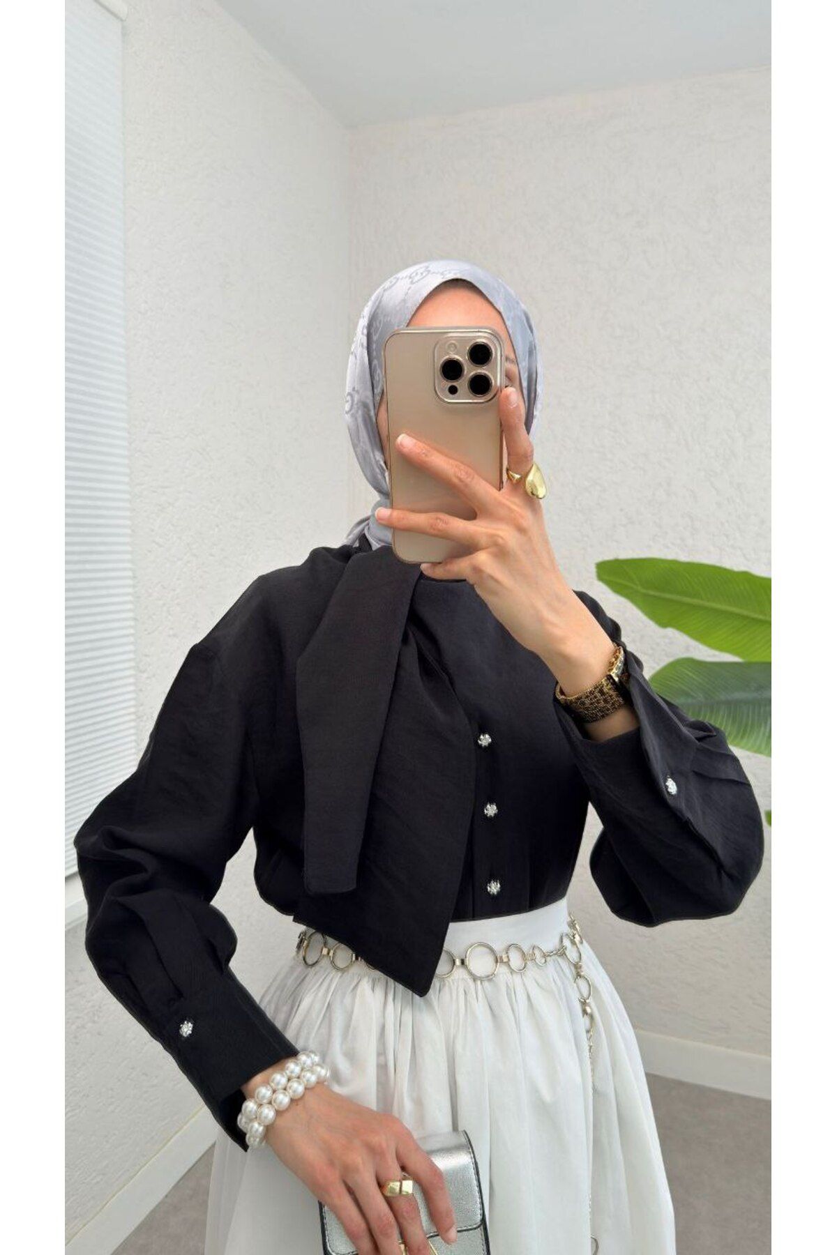 Castivo Fashion Fular Yaka İnci Düğmeli Gömlek