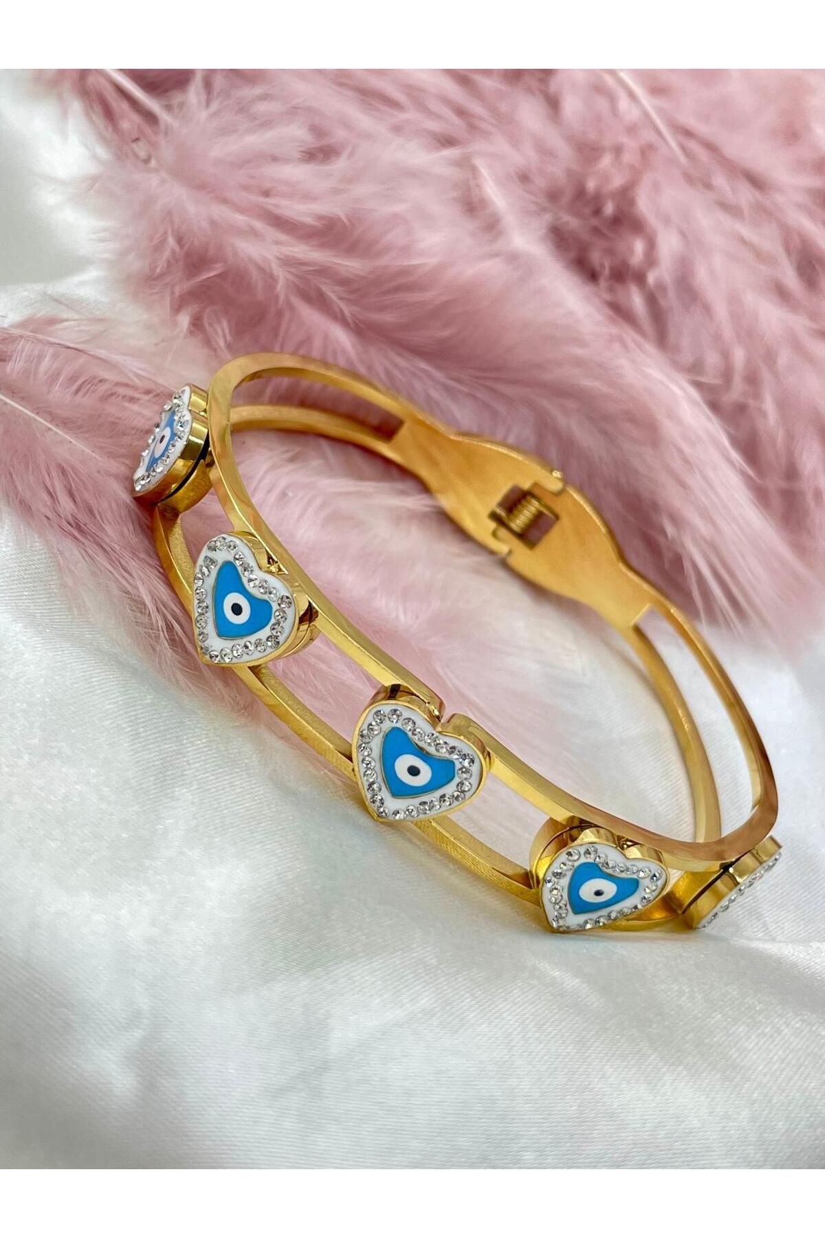 melif accesories Romantik Gold Renk Kalpli Sıralı Nazar Boncuğu Figürlü Kelepçe Bilezik