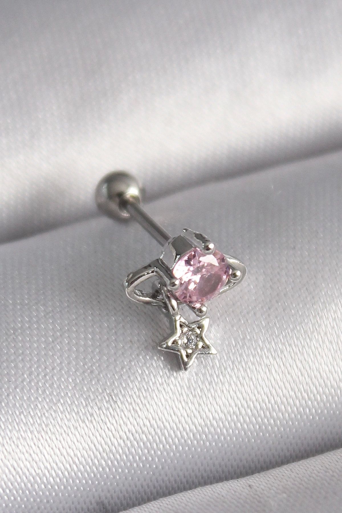 Clariss 316L Çelik Gümüş Renk Pembe Zirkon Taşlı Sallantı Yıldız Detay Tragus Piercing