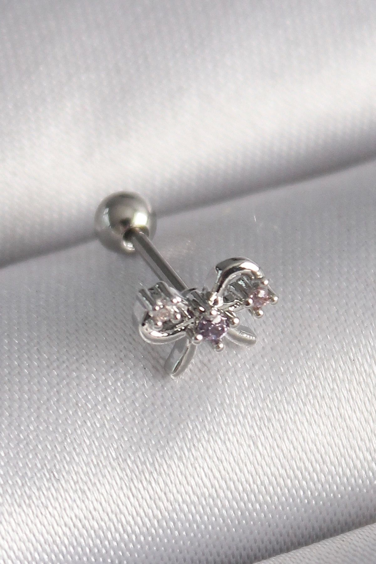 Clariss 316L Çelik Gümüş Renk Zirkon Taşlı Kurdele Tragus Piercing