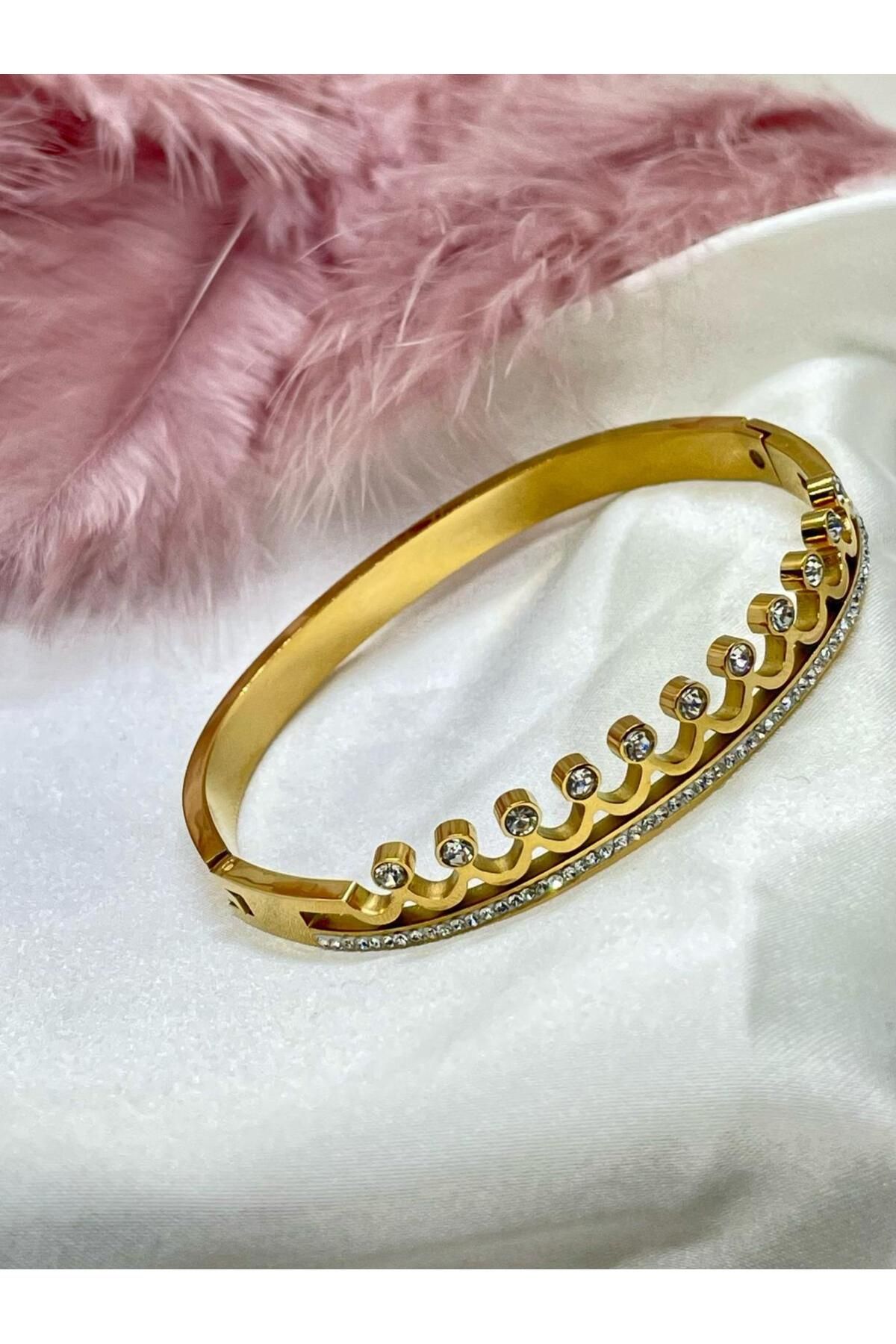 melif accesories Prensesten İlham Gold Renk Taşlı Taç Model Kelepçe Bilezik