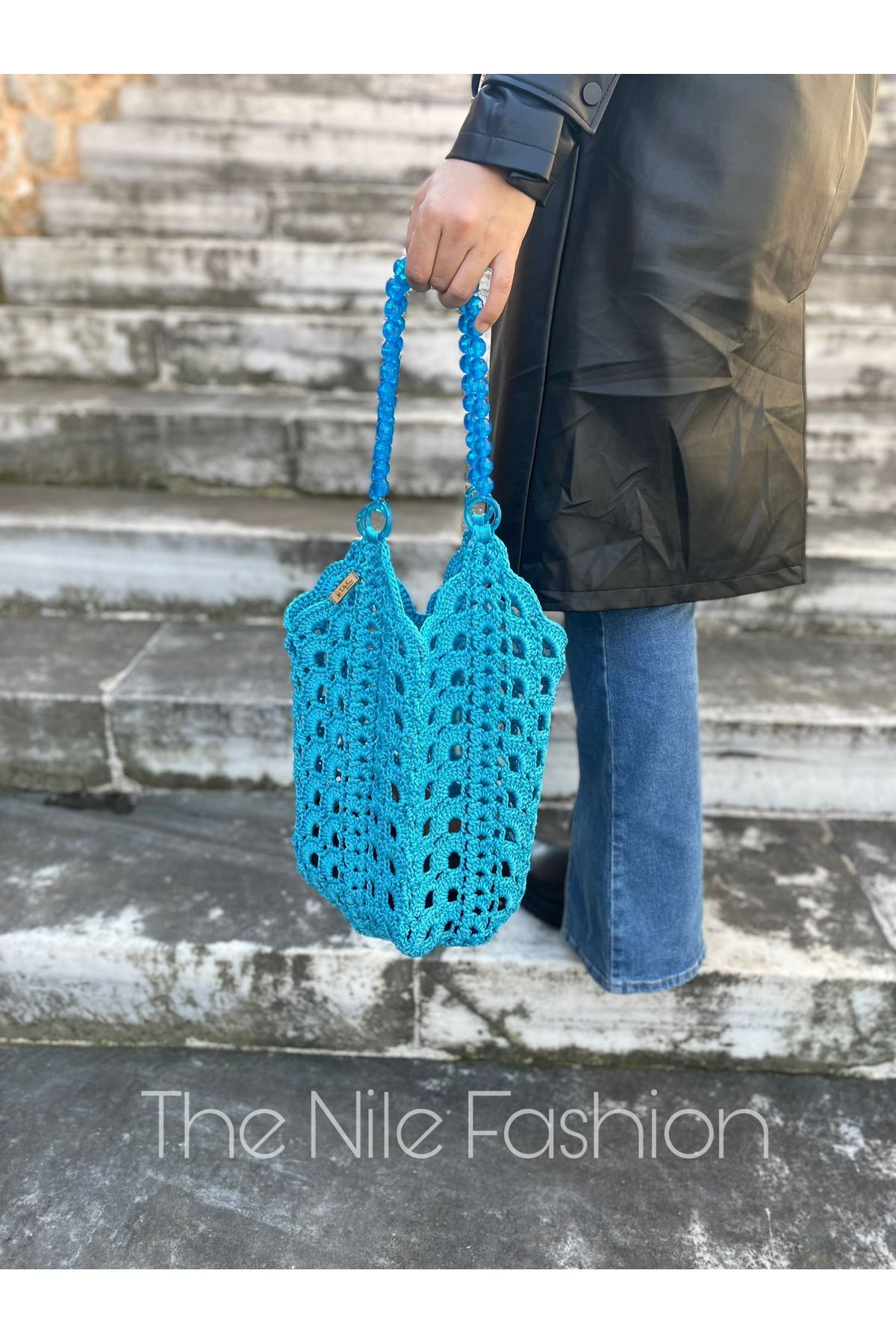 the nile fashion Boncuk saplı örgü lale çanta