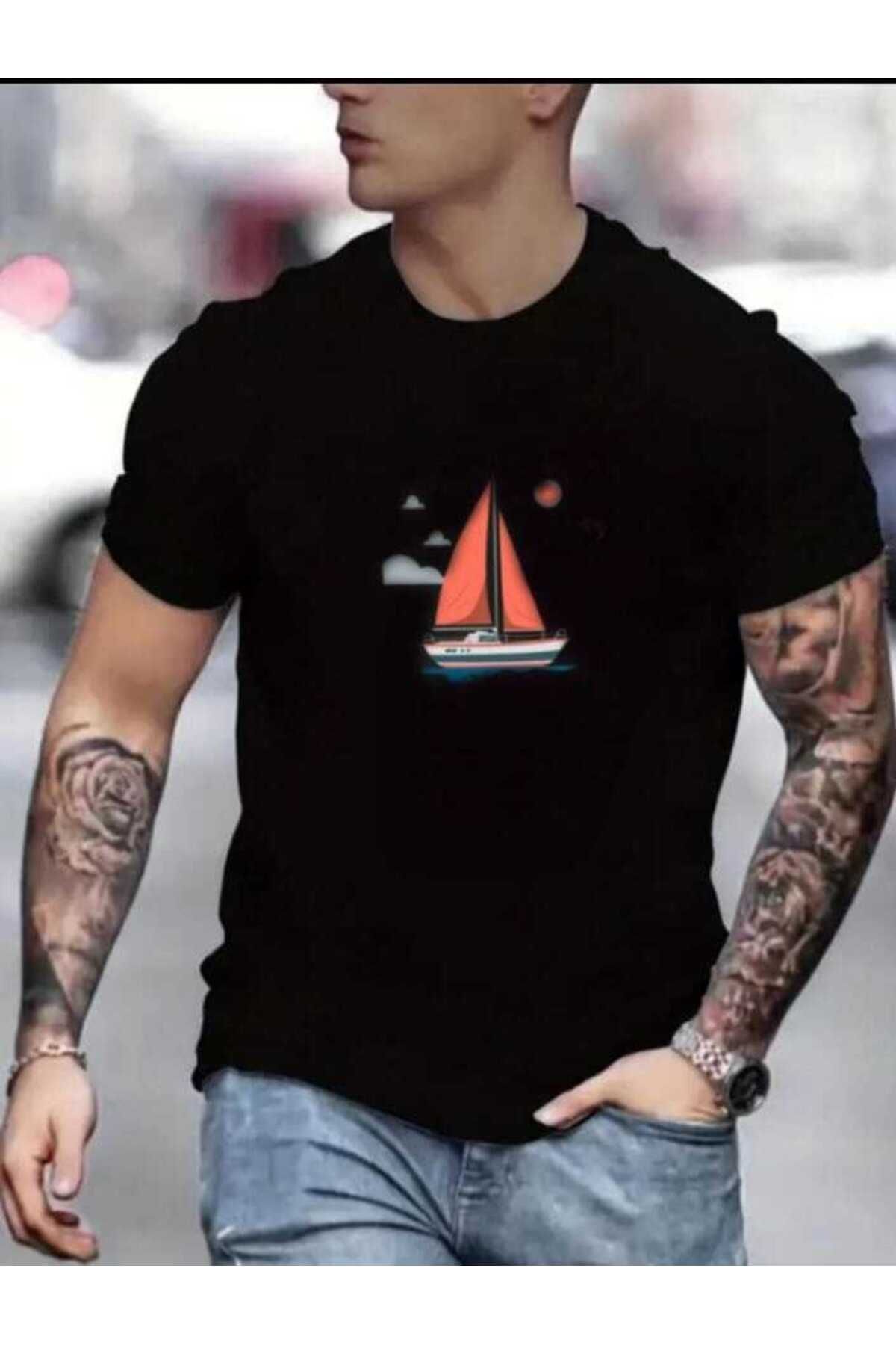 İnazuma Outdoors İnazuma Unisex Oversize Baskılı Pamuklu Bisiklet Yaka Kısa Kollu SİYAH T-shirt