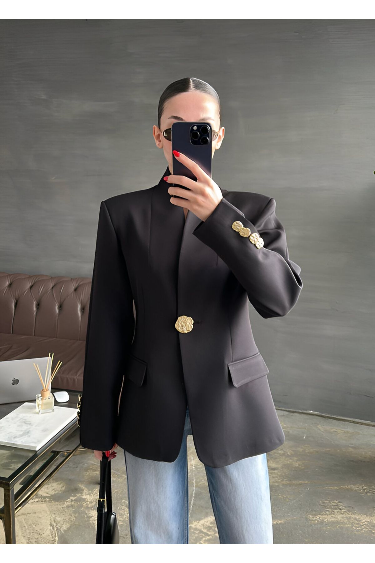 AlisaSu Siyah Gold Düğmeli Şal Yakalı Blazer Ceket