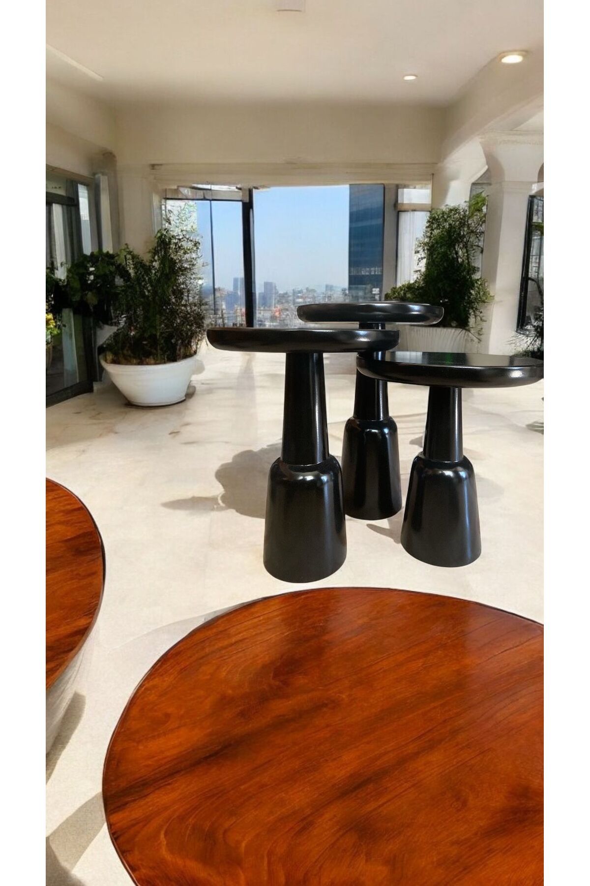 Simillo Home&Living Wood Wooden Ahşap 3’lü Set Ürgüp Mantar Yan Sehpa Modern Siyah Renk Fiskos