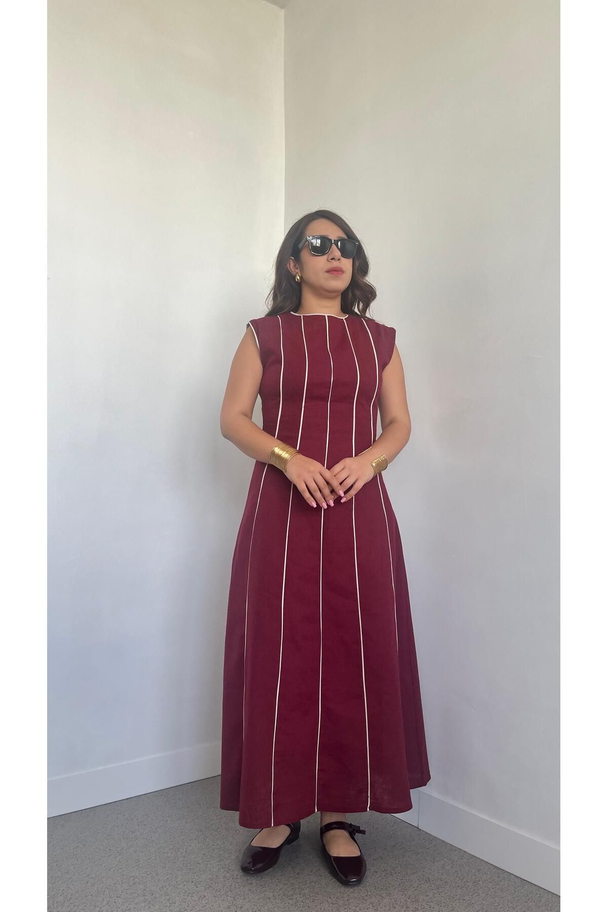 Gizybutik Sıfır Kol Biyeli Keten Elbise
