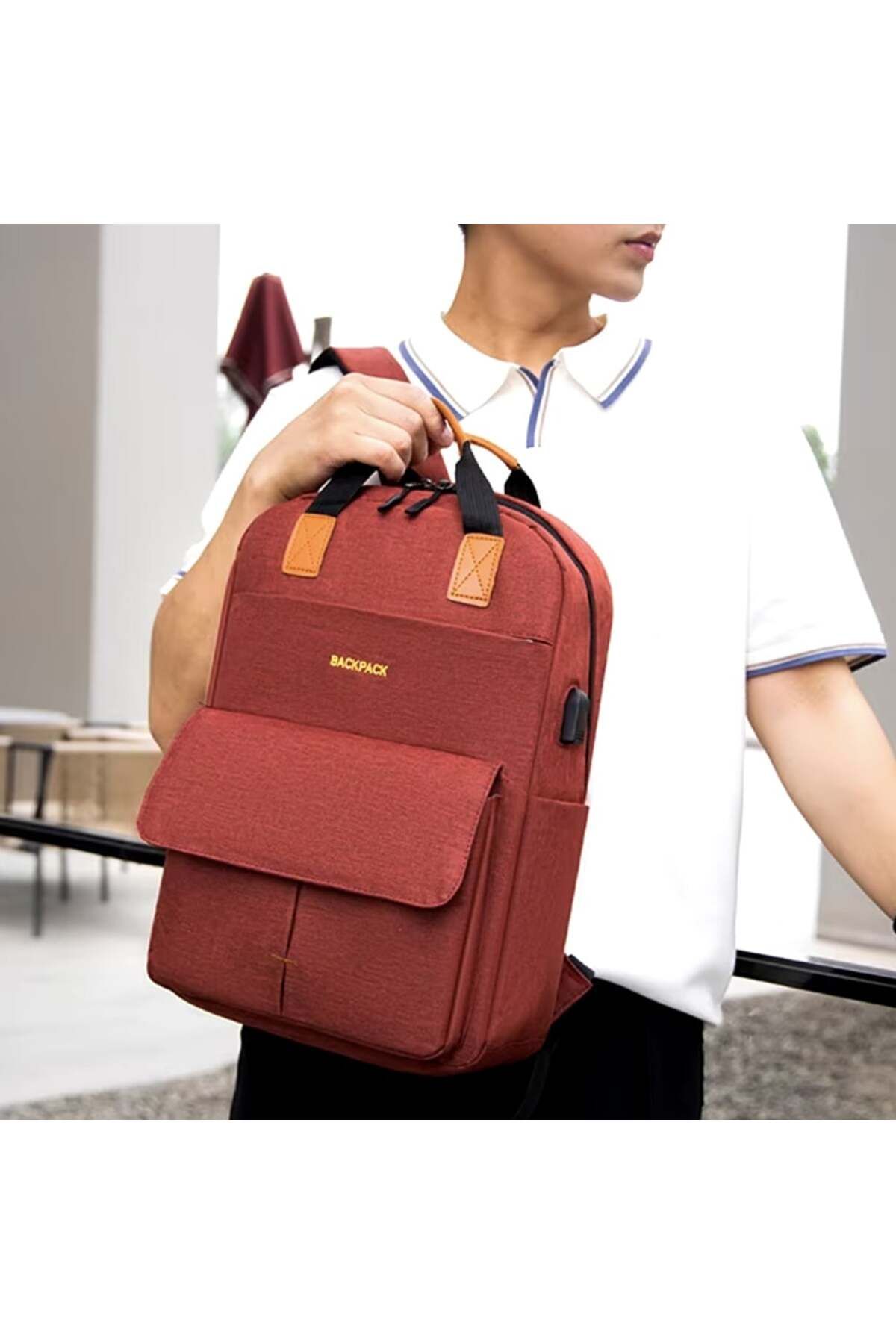 PUFO-Practical Pufo Backpack with USB charging port, pouch and pencil case included, 40 x 30 cm, red 3