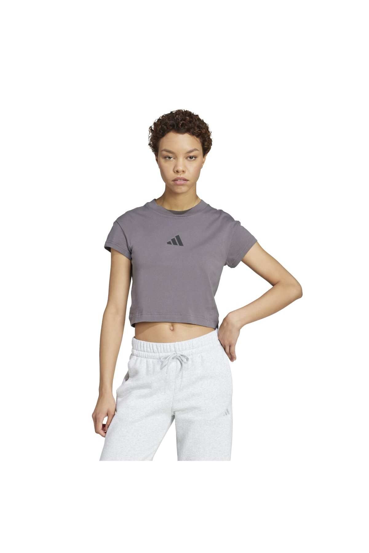 adidas FI Small Logo Bb Kadın Gri Yuvarlak Yaka Tişört