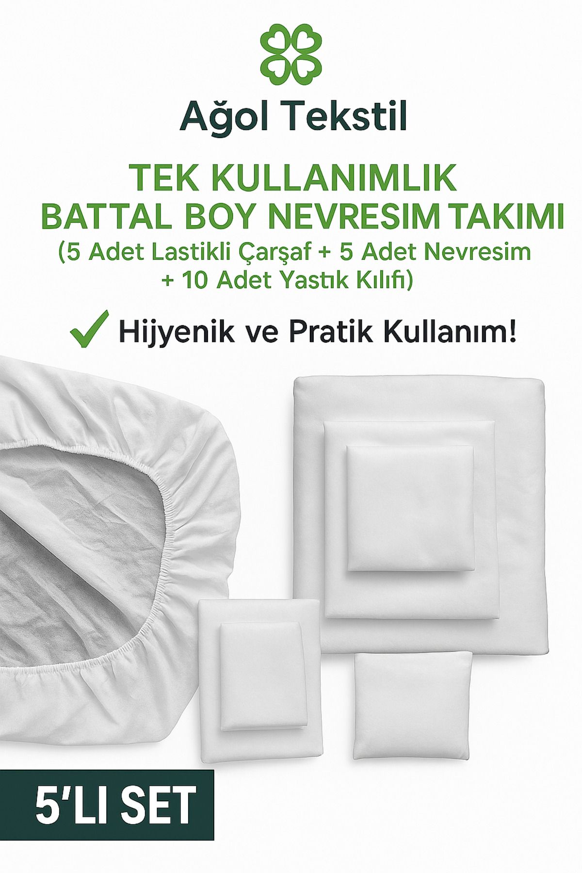 ağol tekstil Tek Kullanımlık Battal Boy Nevresim Takımı (LASTİKLİ ÇARŞAF YORGAN KILIFI VE YASTIK KILIFI) 5'li Set