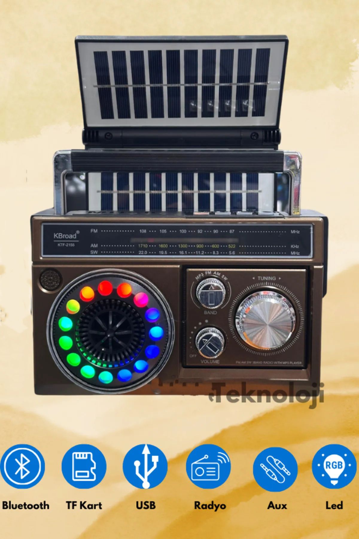 TECHNOMEN Nostaljik Radyo Fm Sd Usb Ahşap Görünümlü Bluetooth Hoparlör Ahşap Renk El Fenerli Aydınlatma Saat