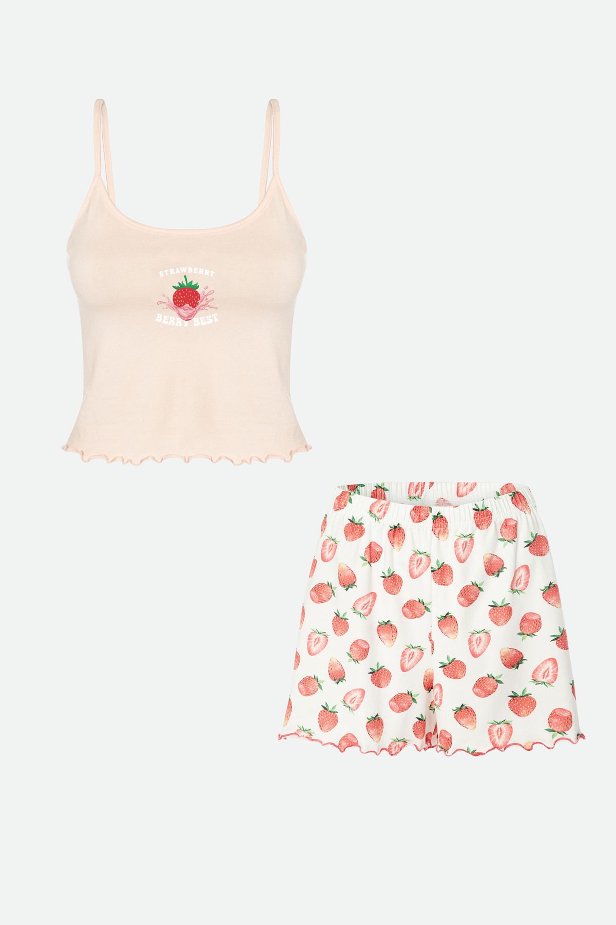koza iç giyim Kadın İnce Askılı Desenli Pamuklu Şortlu Pijama Takımı