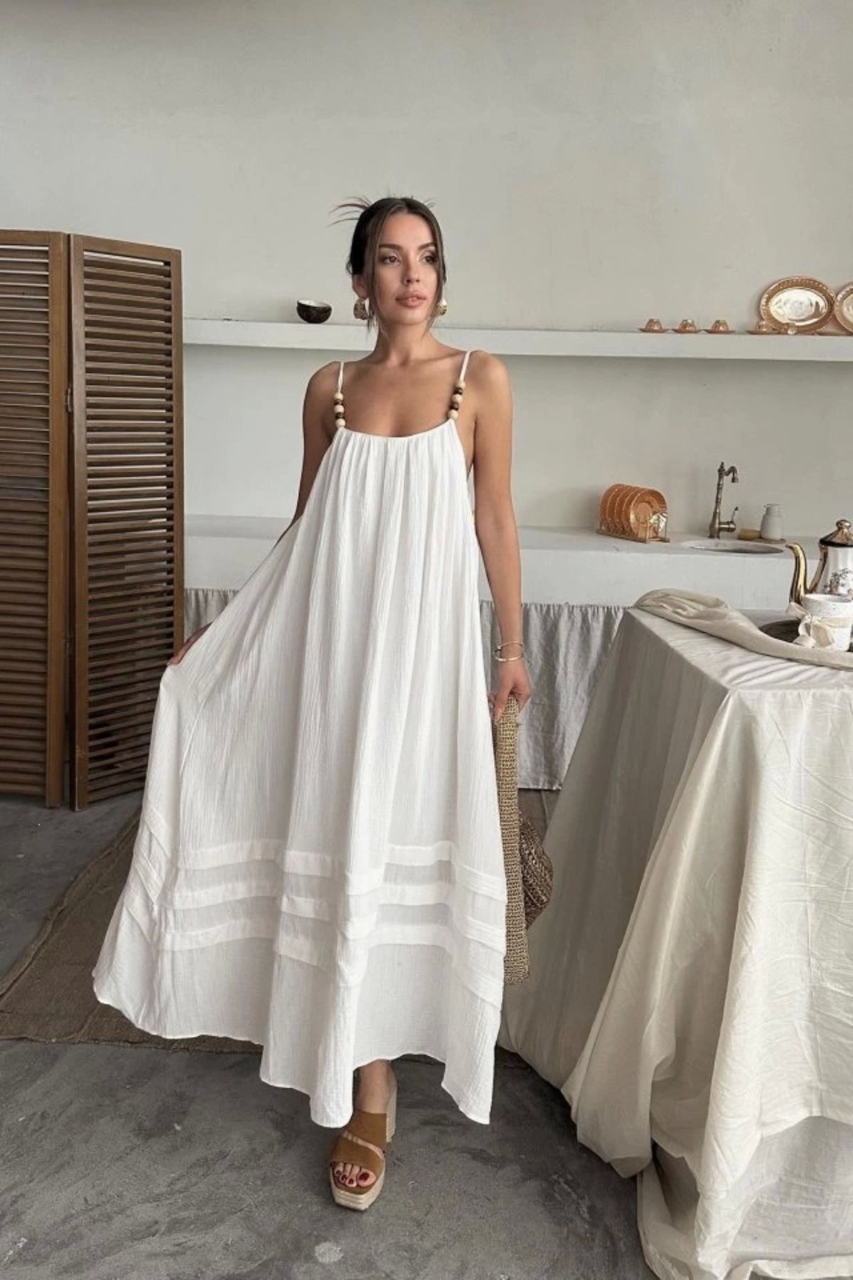 Butik Ekru Askılı Müslin Elbise