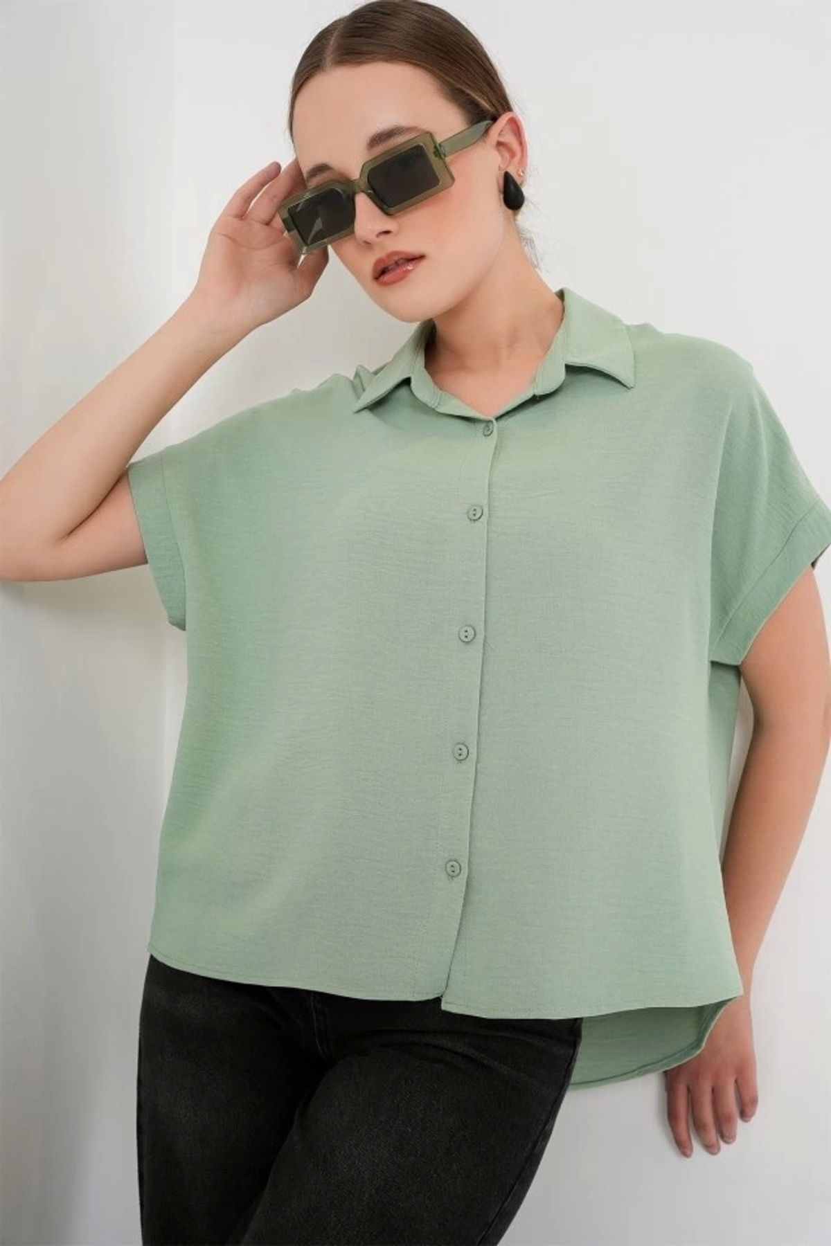 Butik Oversize Kısa Kol Gömlek 20322 - Çağla