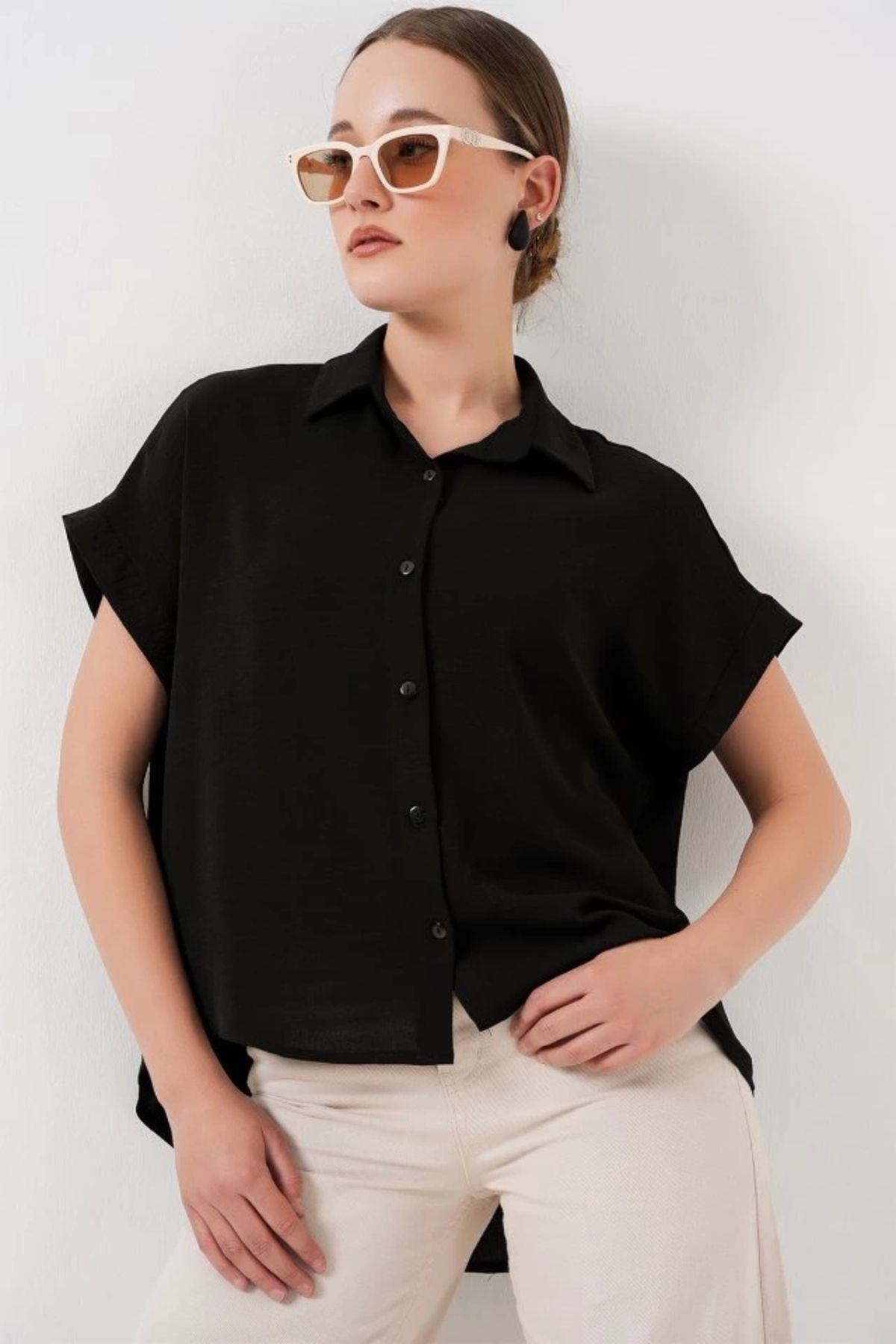 Butik Oversize Kısa Kol Gömlek 20322 - Siyah
