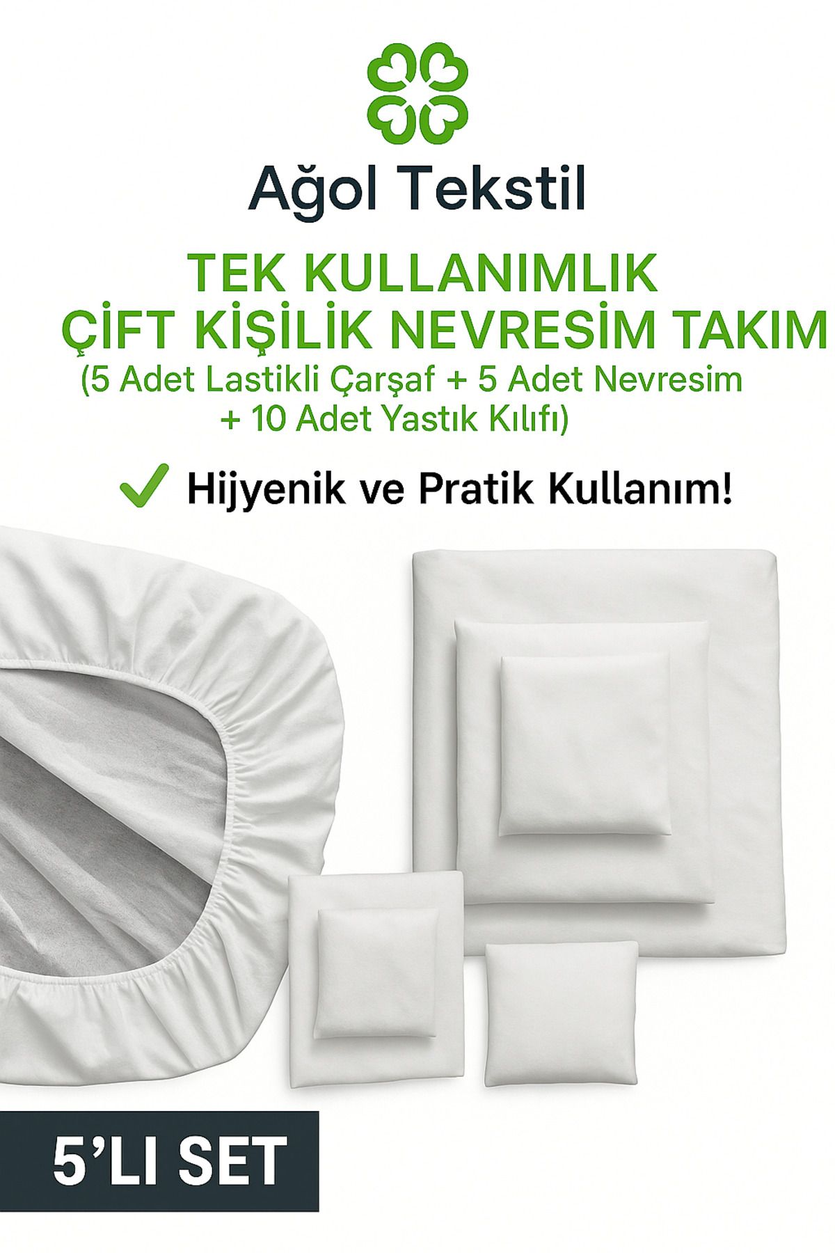 ağol tekstil Tek Kullanımlık Çift Kişilik Nevresim Takımı 5'li Set