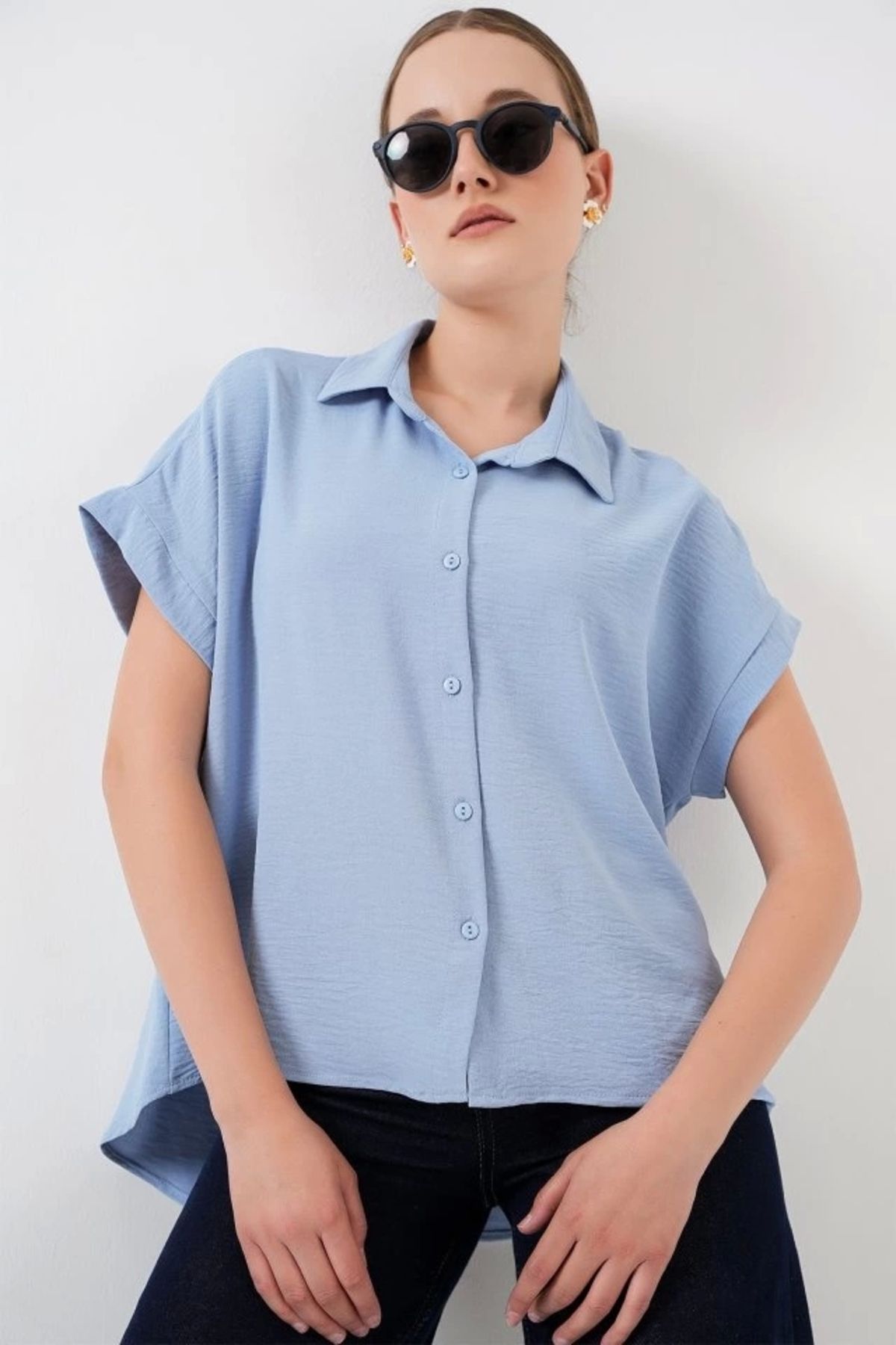 Butik Oversize Kısa Kol Gömlek 20322 - Mavi
