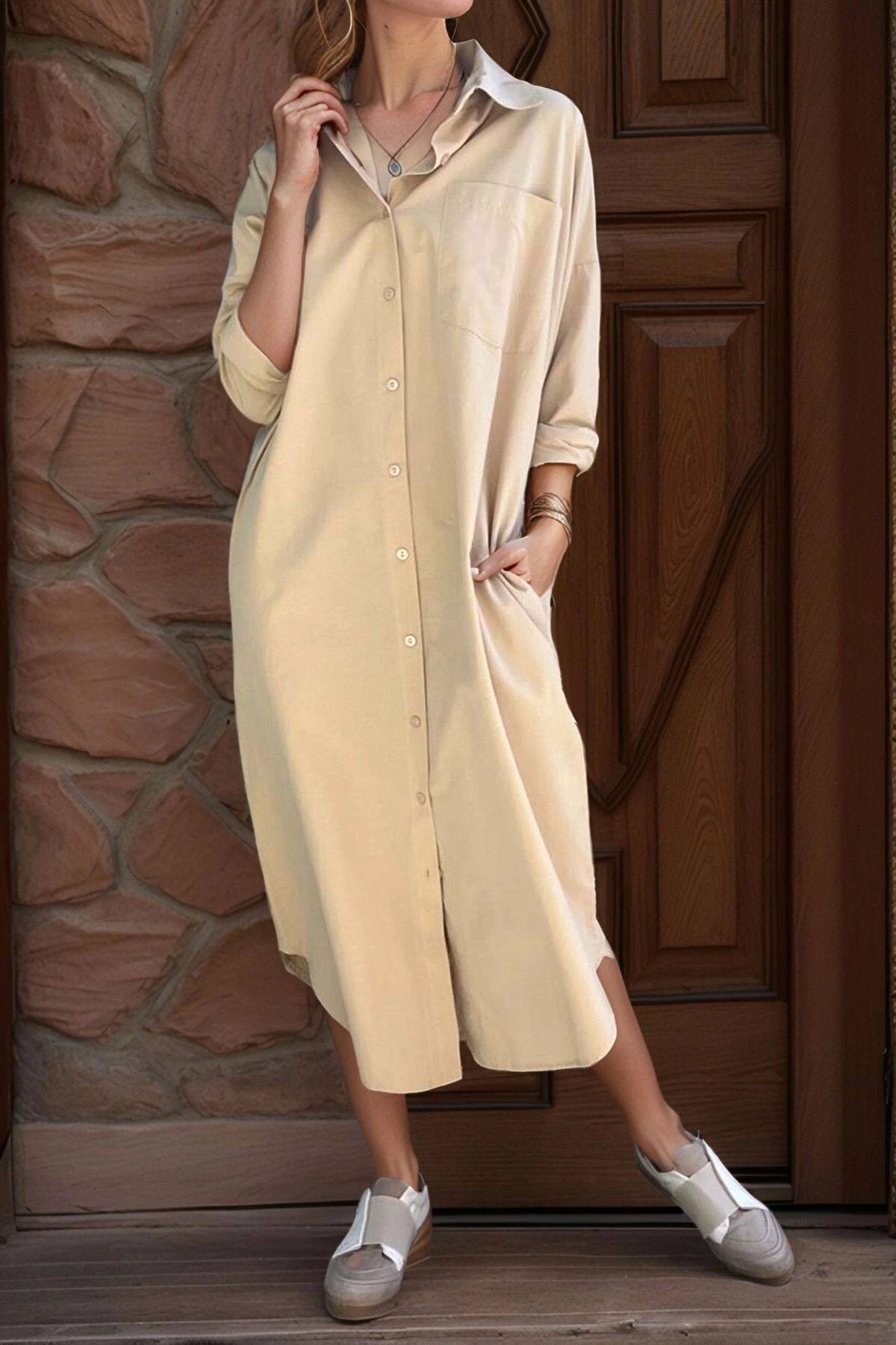 bacc Bej Poplin Uzun Cepli Gömlek Elbise BCBSK-25700-3555